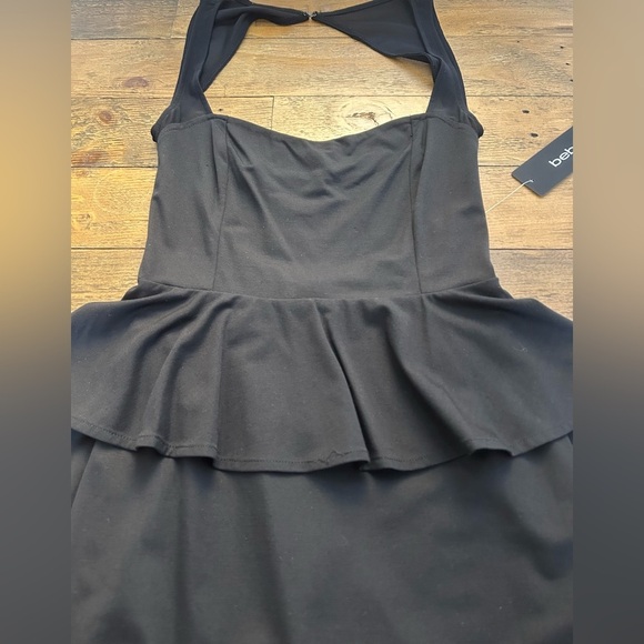 BEBE Black Peplum Bodycon Cocktail Mini Dress Open Back Sweetheart Neckline - Picture 12 of 13